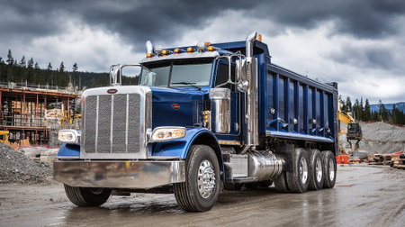 A striking low-angle shot features a shiny, modern blue Peterbilt dump truck parked on a muddy construction ground. In the background are construction elements under dramatic, cloudy skies.の素材