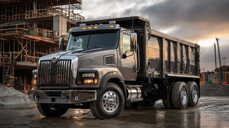 A shiny gray dump truck sits on a wet surface at a construction zone, showcasing its massive size and robust build under a cloudy sky.の素材