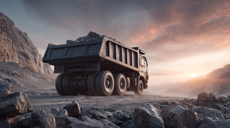 A large dump truck, filled with rocks, traverses a rough, rocky landscape at sunset. The sky displays soft, warm tones, adding a sense of grandeur to the industrial scene.の素材
