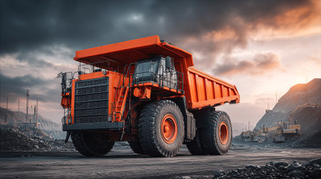 This image features a large, orange mining truck positioned in an industrial environment, with a dramatic, cloudy sky as a backdrop. Heavy machinery and mountainous terrain suggest active mining operations.の素材