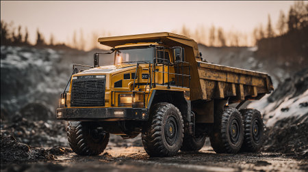 A large yellow dump truck, illuminated by the warm glow of dusk, stands in a quarry. Its sturdy tires and robust build suggest preparedness for heavy-duty tasks at hand.の素材