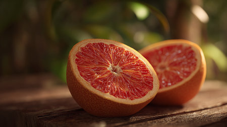 Halved Grapefruit Delight: A Rustic Still Life with Intense Red Colorの素材