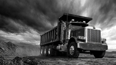 A striking black and white photograph showcases a robust dump truck parked against a dramatic, stormy sky. The scene emphasizes the truck's strength and resilience against the rugged landscape backdrop.の素材