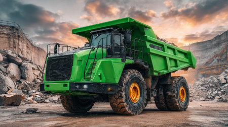 A striking image of a large, bright green dump truck loaded with rocks, parked on a construction or mining site with a dramatic, cloudy sunset sky in the backdrop.の素材