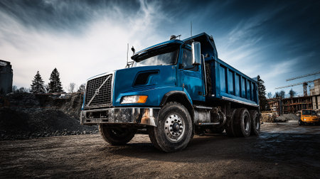 The image shows a large blue dump truck parked on a construction site with gravel and buildings under construction visible in the background under a dramatic, cloudy sky.の素材