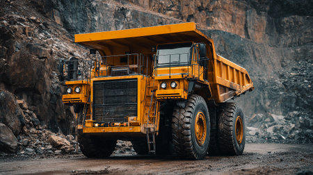 A massive yellow mining truck sits in front of a large quarry, showcasing its scale and durability. The rugged terrain highlights the truck's heavy-duty nature and suitability for mining operations.の素材