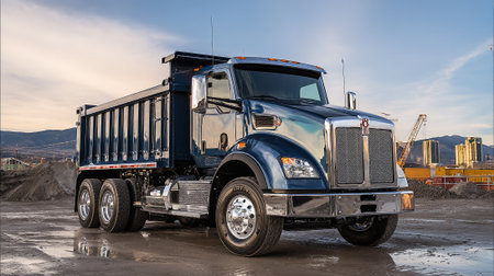 A dark blue Kenworth dump truck stands on a construction site. It features a chrome grill and accents, and the ground is wet, reflecting the truck. The backdrop shows an urban skyline.の素材