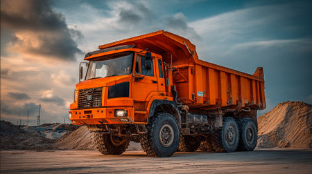 An orange, heavy-duty dump truck stands on a sandy surface at a construction site. Piles of sand are in the background, with a cloudy sky above.の素材