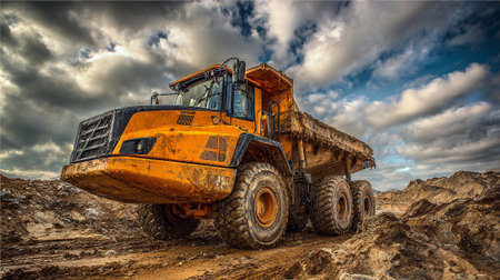 An eye-level perspective capturing a large yellow dump truck caked in mud. The background features an expansive construction site under a sky filled with dramatic clouds.の素材