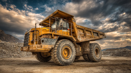 An eye-level shot showcases a large yellow dump truck parked on a dirt surface at a quarry or construction site. The sky displays dramatic clouds, creating a striking backdrop for the industrial machine.の素材