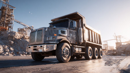 The image showcases a rugged dump truck at a construction site, set against a clear sky. The truck appears weathered, suggesting it is actively used in the industry.の素材