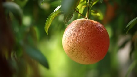 Juicy grapefruit hanging on branch in warm sunlight, vibrant and fresh.の素材