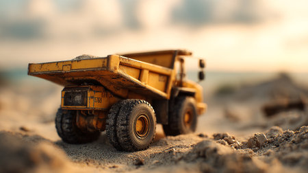 This image showcases a detailed yellow toy dump truck on a sandy surface. The shot is taken during golden hour, offering warm lighting and a sense of nostalgia. The toy appears well-used, with realistic wear.の素材