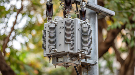 Power transformer in the park. Selective focus and shallow depth of field.の素材