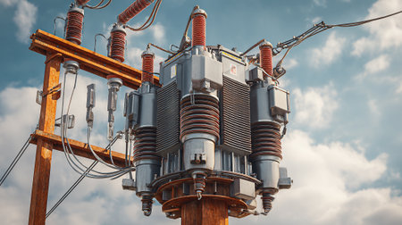 High voltage electric transformer on the pole with blue sky and white cloudsの素材