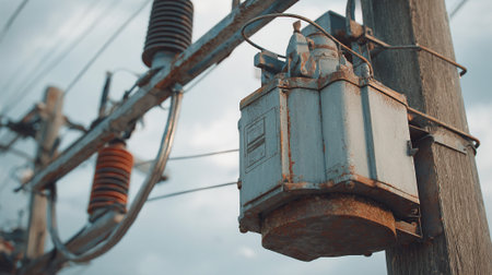 Electrical equipment. Electricity transformer. Power line. Electricity distribution station.の素材
