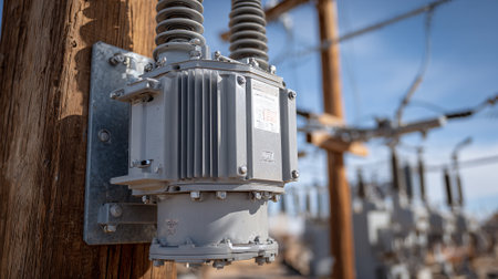 High voltage electric transformer on a power line with blue sky background.の素材