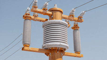 High voltage post. High voltage post. Electricity distribution station. Electrical equipment.の素材