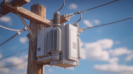 Power transformer on electric pole with blue sky and white clouds background.の素材