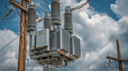 High voltage electric transformer on the pole with blue sky and white cloudsの素材