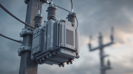 Power transformer on a wooden pole with a cross in the background.の素材