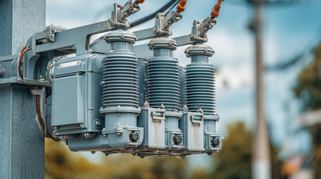 High voltage power transformer on electric pole, close-up. Selective focus.の素材