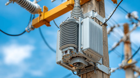 Electrical power transformer on electric pole with blue sky and white cloudsの素材
