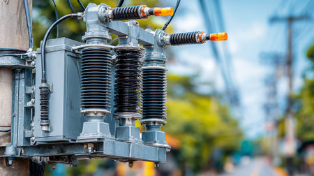 High voltage power transformer in the city. Selective focus with shallow depth of fieldの素材