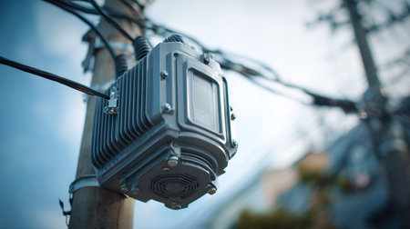 Electricity meter on a pole in the city. Selective focus.の素材
