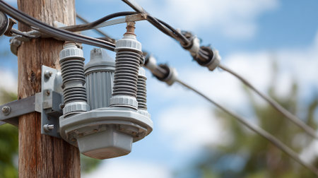 High voltage insulators on a pole with blue sky in the backgroundの素材