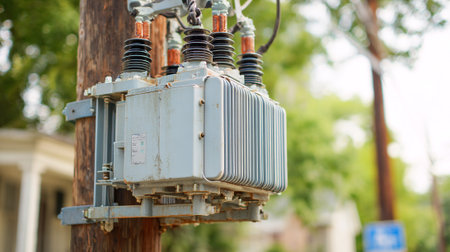 Electricity transformer in the park. Selective focus and shallow depth of fieldの素材