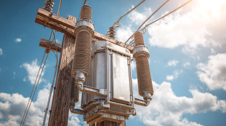 High voltage post. High-voltage substation. Electricity distribution station.の素材