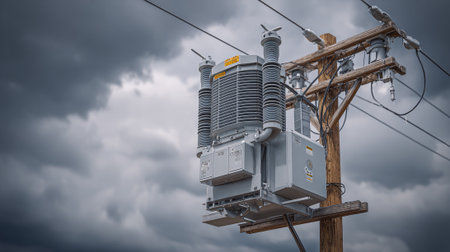 High voltage transformer on the pole with stormy sky background, 3d renderの素材