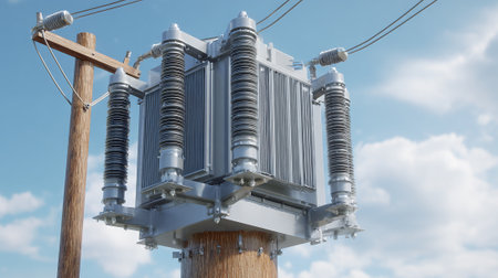 High-voltage transformer against the blue sky. 3d renderの素材