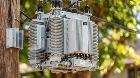 High voltage power transformer on the electric pole in the garden, stock photoの素材