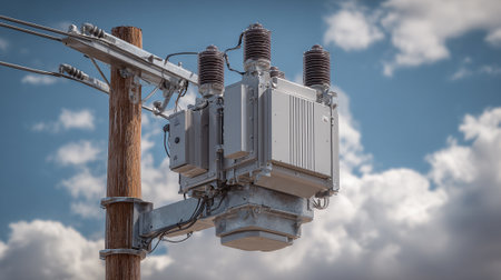 Electricity post with blue sky and white clouds, 3D renderingの素材