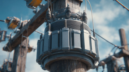 Power transformer on top of a wooden pole against a blue sky.の素材