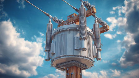 High voltage transformer against blue sky with white clouds. Electricity distribution station.の素材
