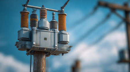 High voltage electric transformer in electrical substation with blue sky background.の素材