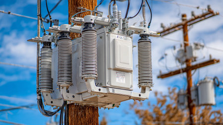 Power transformer with insulators on the background of the blue sky.の素材