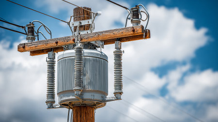 electricity post with blue sky and white clouds on the background.の素材