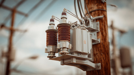 Electrical transformer on a power line. Selective focus. Toned.の素材