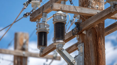 Electricity post with insulators and wires on blue sky background.の素材
