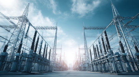 High-voltage substation with high-voltage lines.の素材