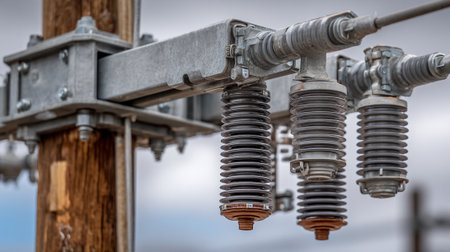 Close-up of high voltage transformer in a substation. Selective focus.の素材