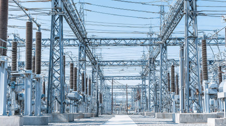 High voltage electric substation, high voltage power lines and transformersの素材