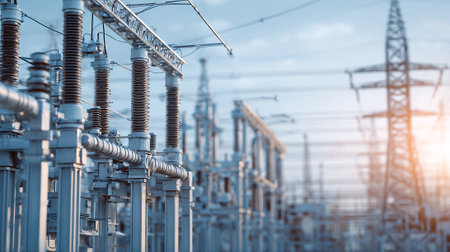 High voltage electric substation with high voltage power lines and transformers.の素材