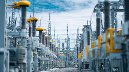 High voltage electrical substation with high voltage power lines and transformersの素材