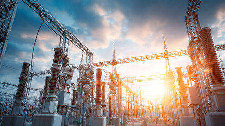 High voltage electric substation. Electricity distribution station. Energy industrial backgroundの素材
