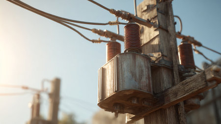 Electricity post with wires and insulators, close-up.の素材